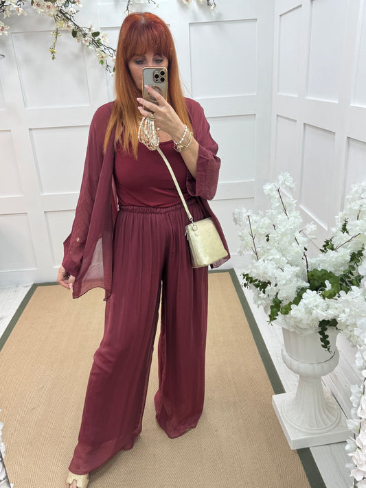 Venice: Burgundy silk wide leg trousers. One size: 12-20