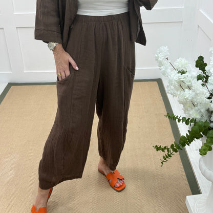 Kelsey: Brown jacket & trouser co-ord set. One size: 14-20/22