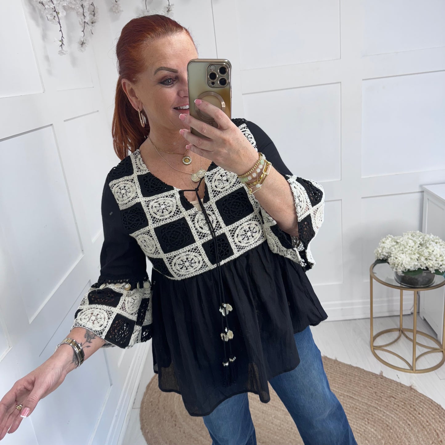 Rosie: Black crochet & shell smock top. One size: 8-14
