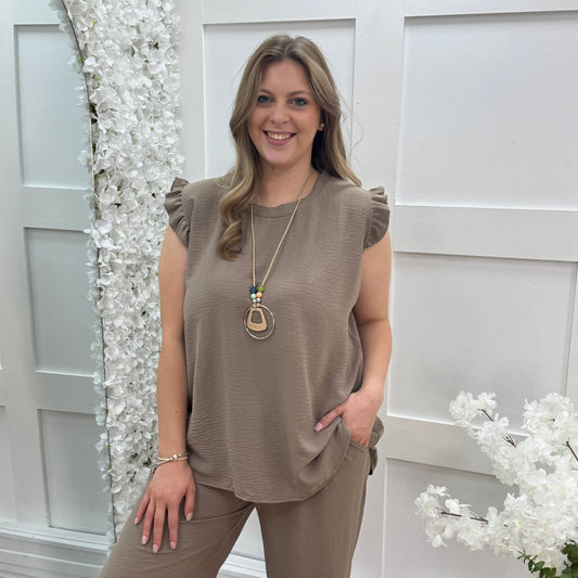Ember: Mocha frill sleeve top & pendant. One size: 14-20
