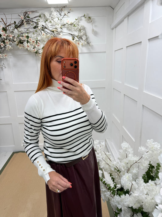 Suzie: Stripe gold button fine knit top. One size: 10-16. 2 colours