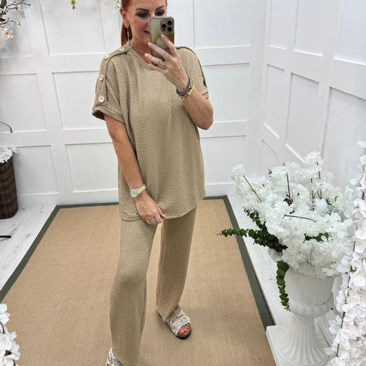 Tasha: Sand & gold button loungewear set. 2 sizes