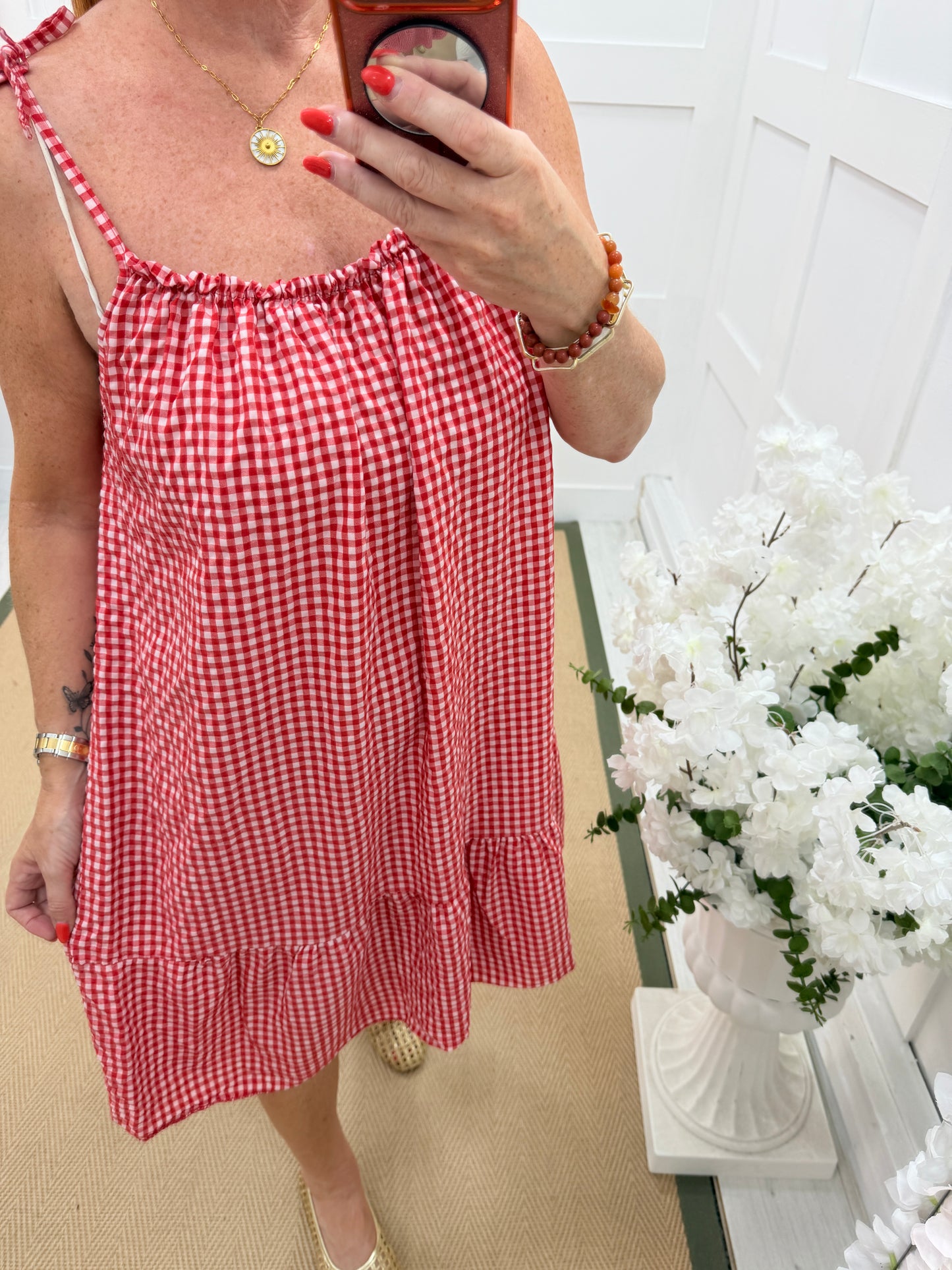 Gina: Gingham print strappy knee length dress. One size: 12-18. 4 colours