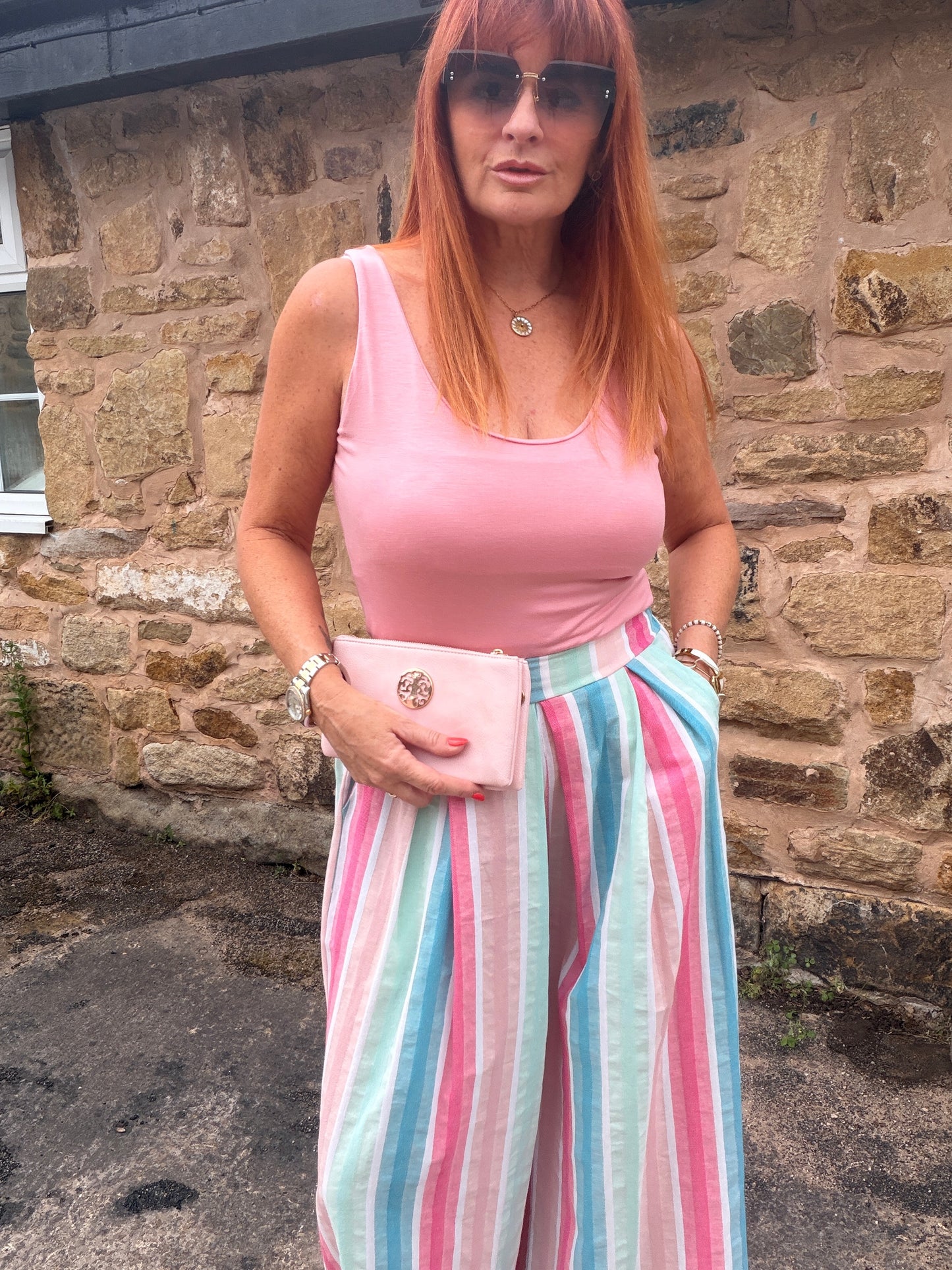 Suzie: Wide leg stripe trousers with pockets. One size: 10-16. 2 colours