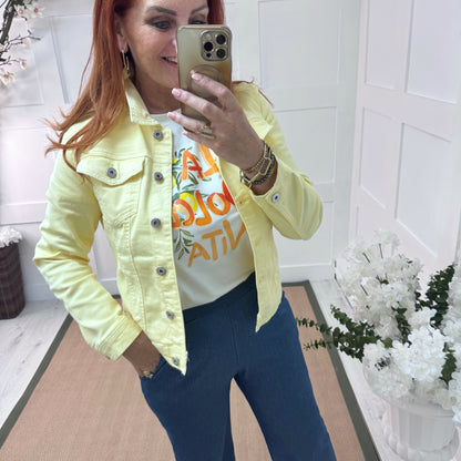 Iris: Lemon stretchy denim jacket. Sizes: 10-16