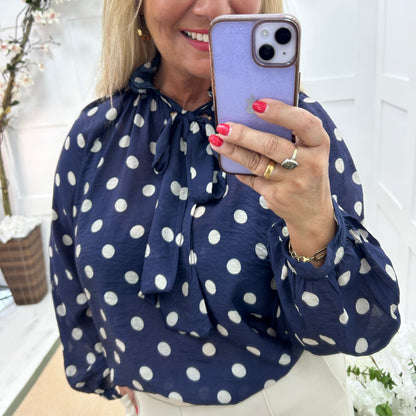 Dotty: Navy & cream spotty tie top. One size: 14-20