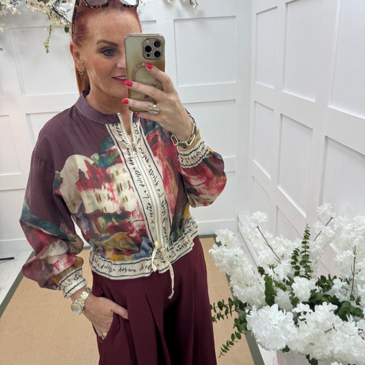 Steph: Silky burgundy Amalfi printed bomber jacket. One size: 8-18