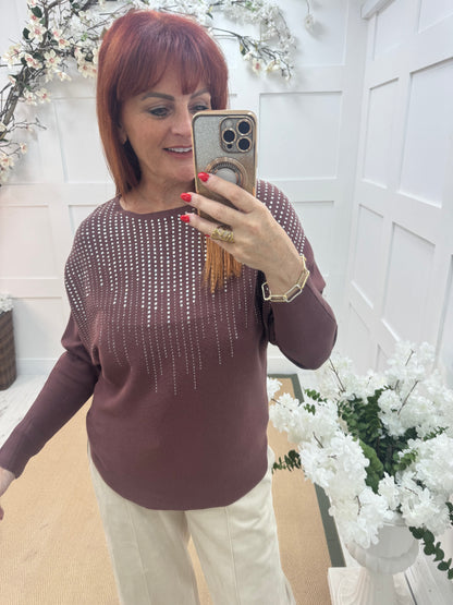 Arabella: Brown diamanté long sleeve top. One size: 12-16