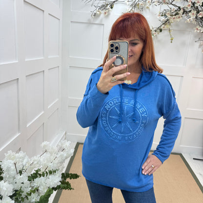 Sara: Cobalt hooded embossed compass top. One size: 12-18