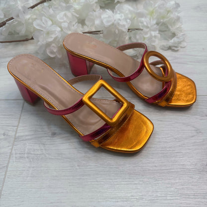 Rosa: Metallic pink & orange large buckle sandals. Sizes: 3-8