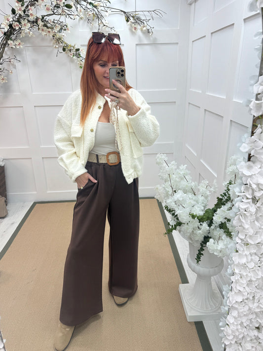 Ellis: Brown stretchy wide leg belted trousers One Size: 14-20