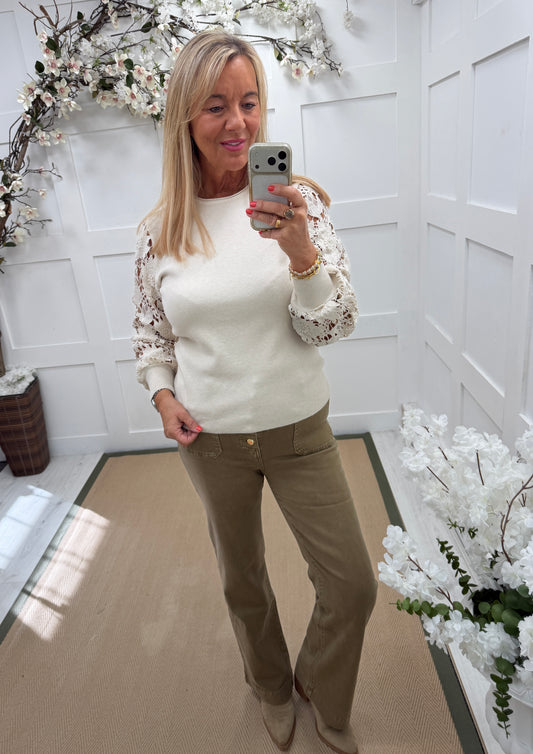 Celine: Cream crochet balloon sleeve top. One size 10-16.