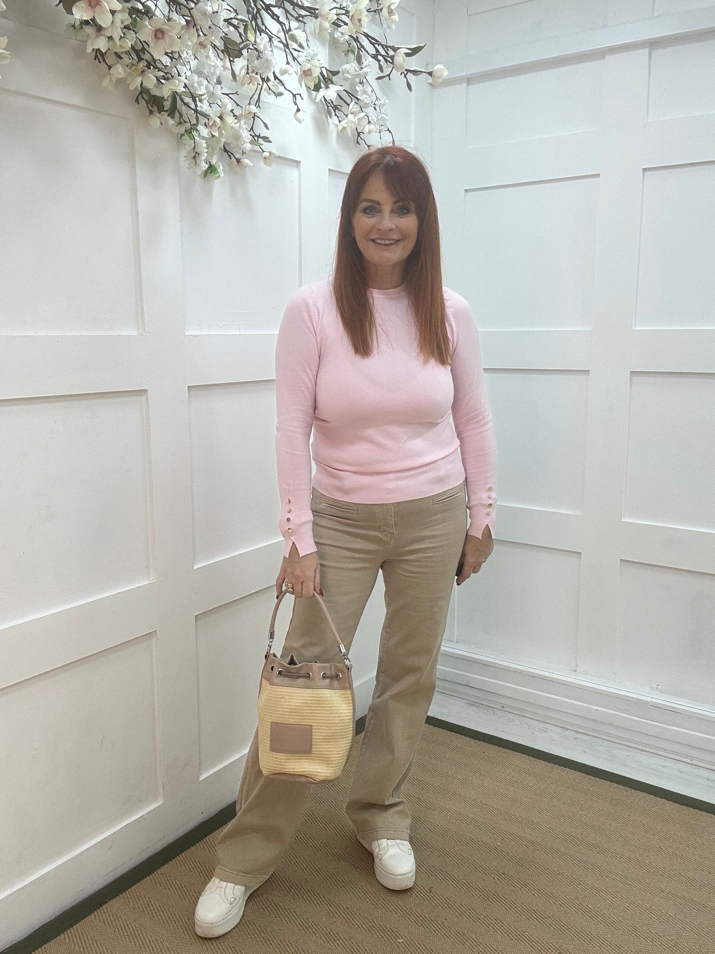 Lulu: Pink gold button knitted top. One Sz: 8-14