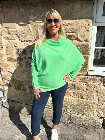 Marcie: Neon lime asymmetrical plain slouch soft knit top. One size 10-18
