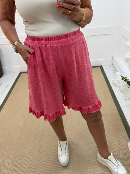 Sandie: Hopsack linen wide leg frill shorts. One size: 12-18. 2 colours