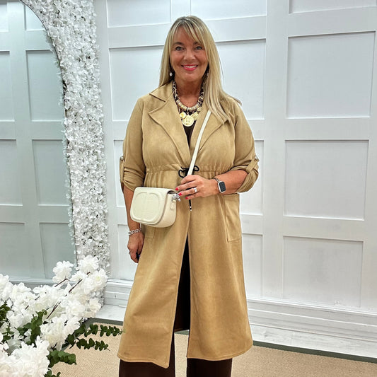 Marina: Sand long suedette trench coat. One size 12-18