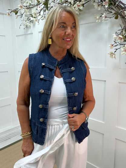 Dallas: Denim Military style waistcoat. One size: 10-16.