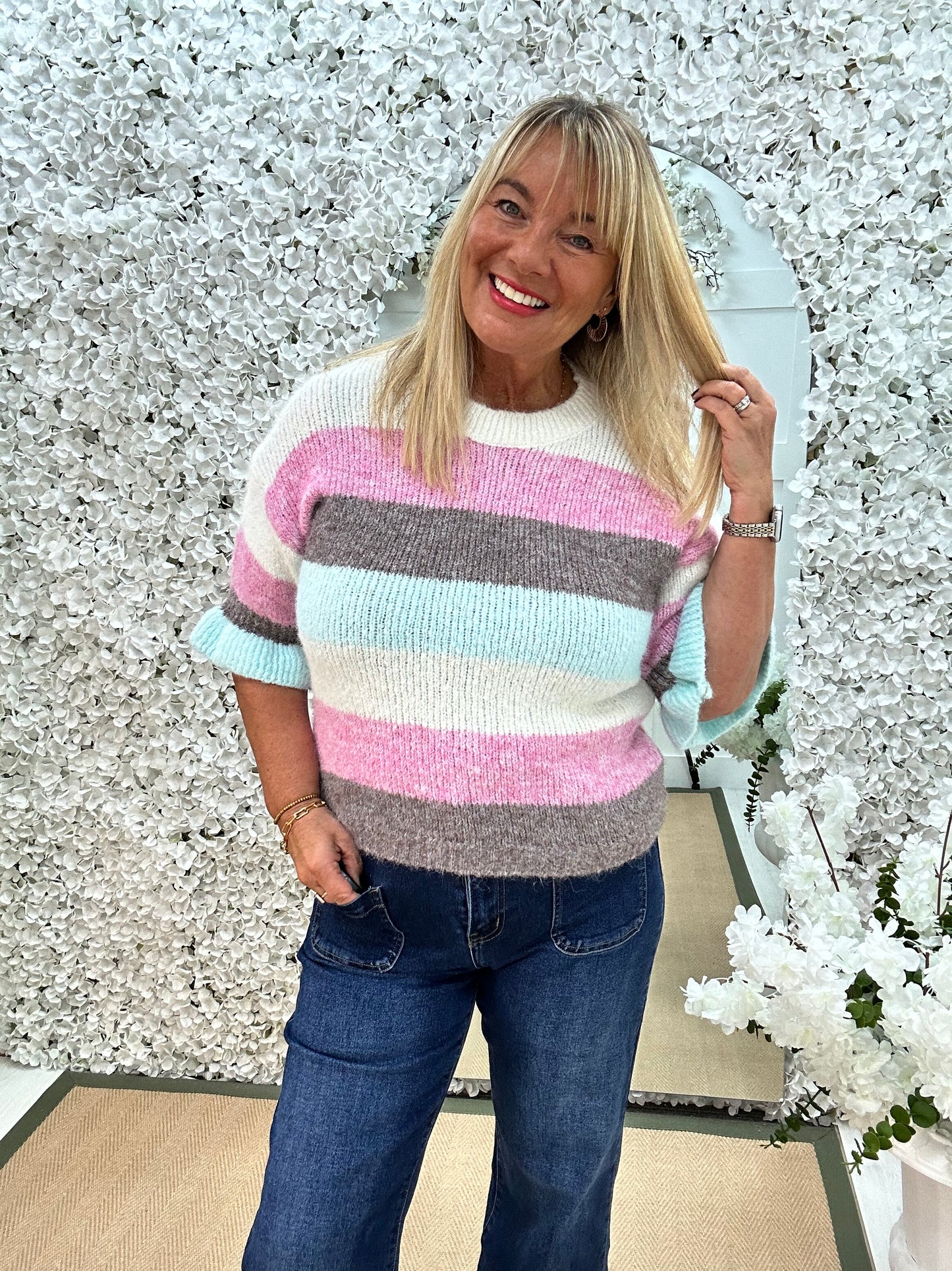 Bloom: Cream stripe knit. One size 14-18