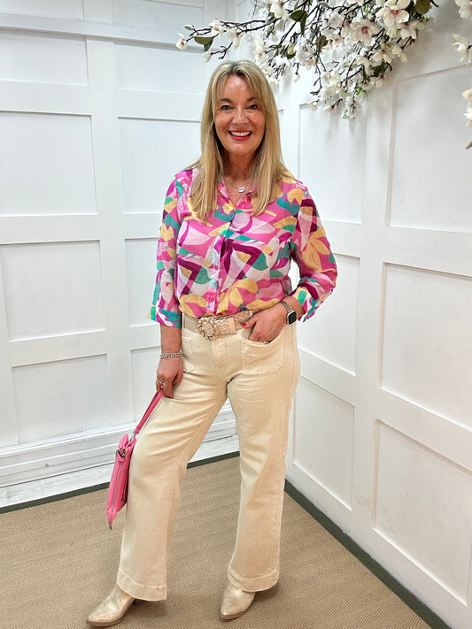 Anya: Pink 3/4 sleeve abstract print button up shirt. 4 sizes.