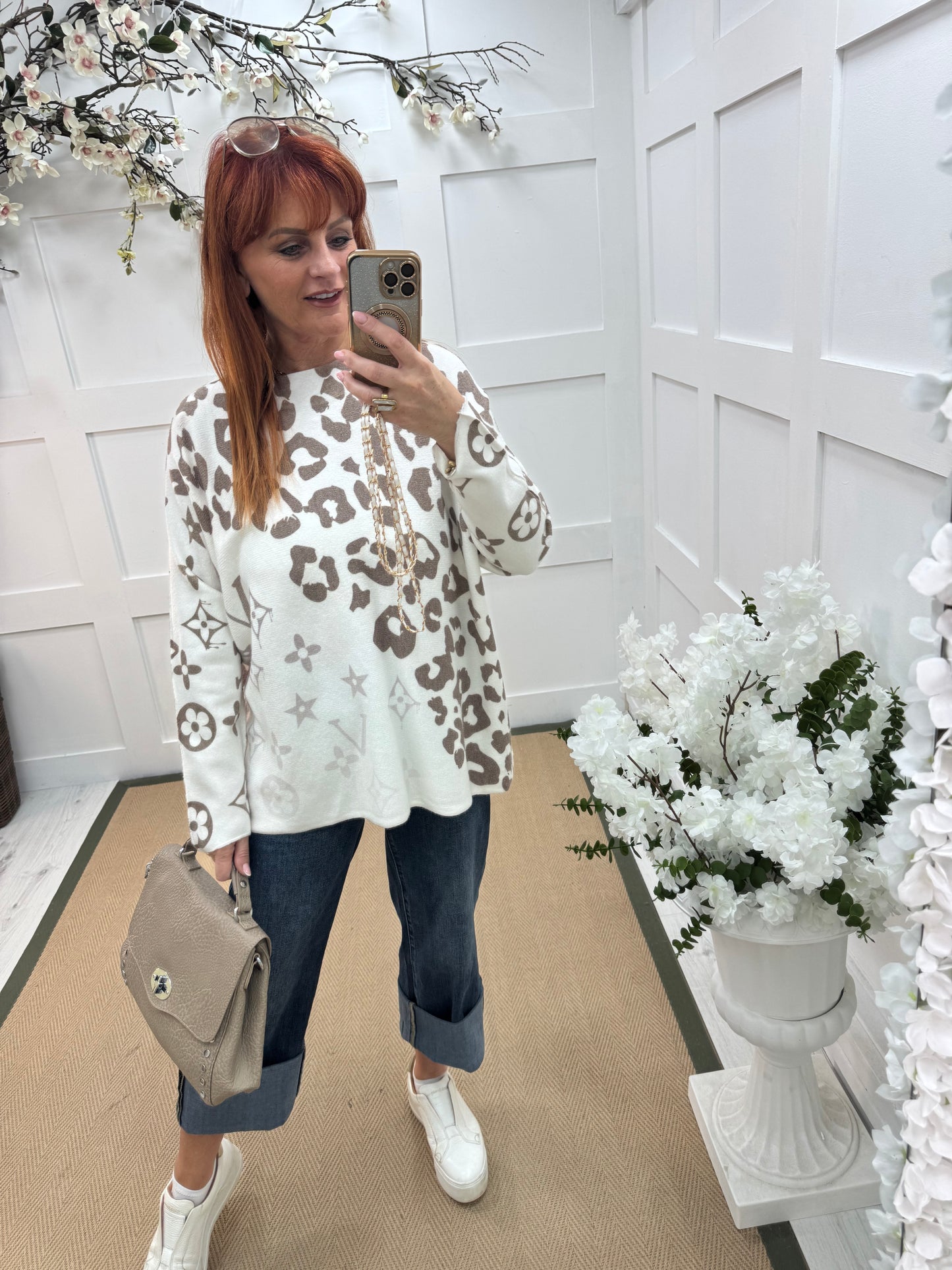Alice: Brown & white leopard print top. One size: 12-20