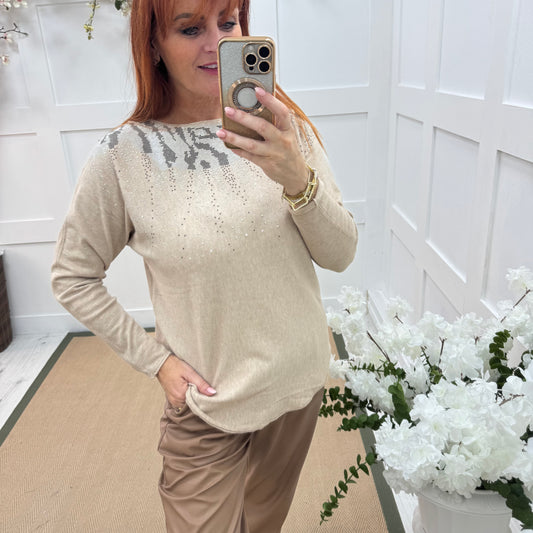 Coco: Beige & diamanté long sleeve knit top. One size: 10-16/18