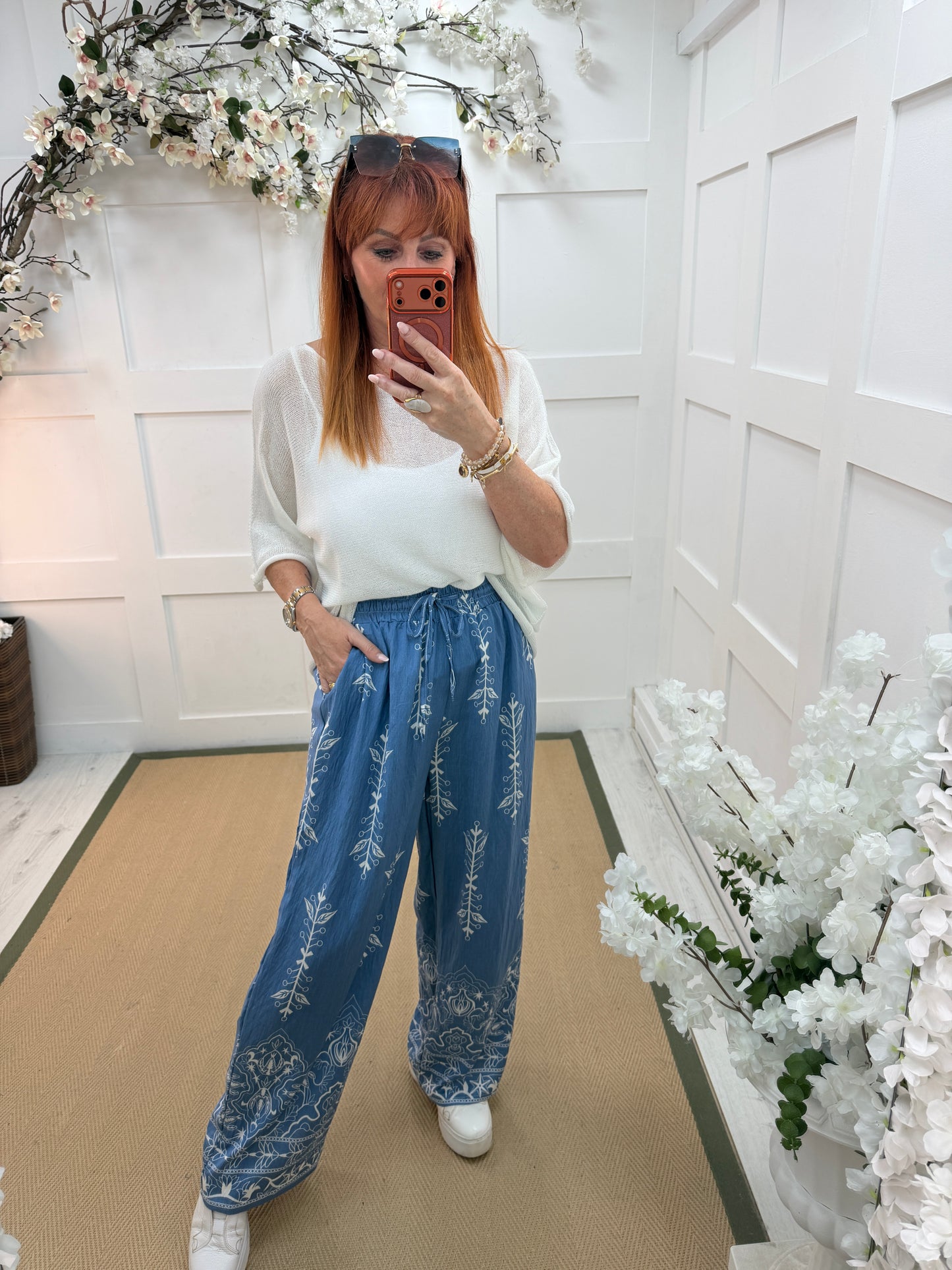 Tara: Printed wide leg stripe trousers. One size: 10-18. 3 colours