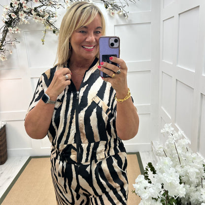 Julie: Silky black zebra printed bomber jacket. One size: 10-16