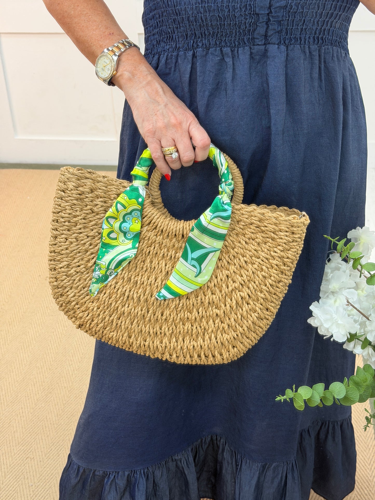Celine: Medium woven basket bag with patterned scarf. 3 colours