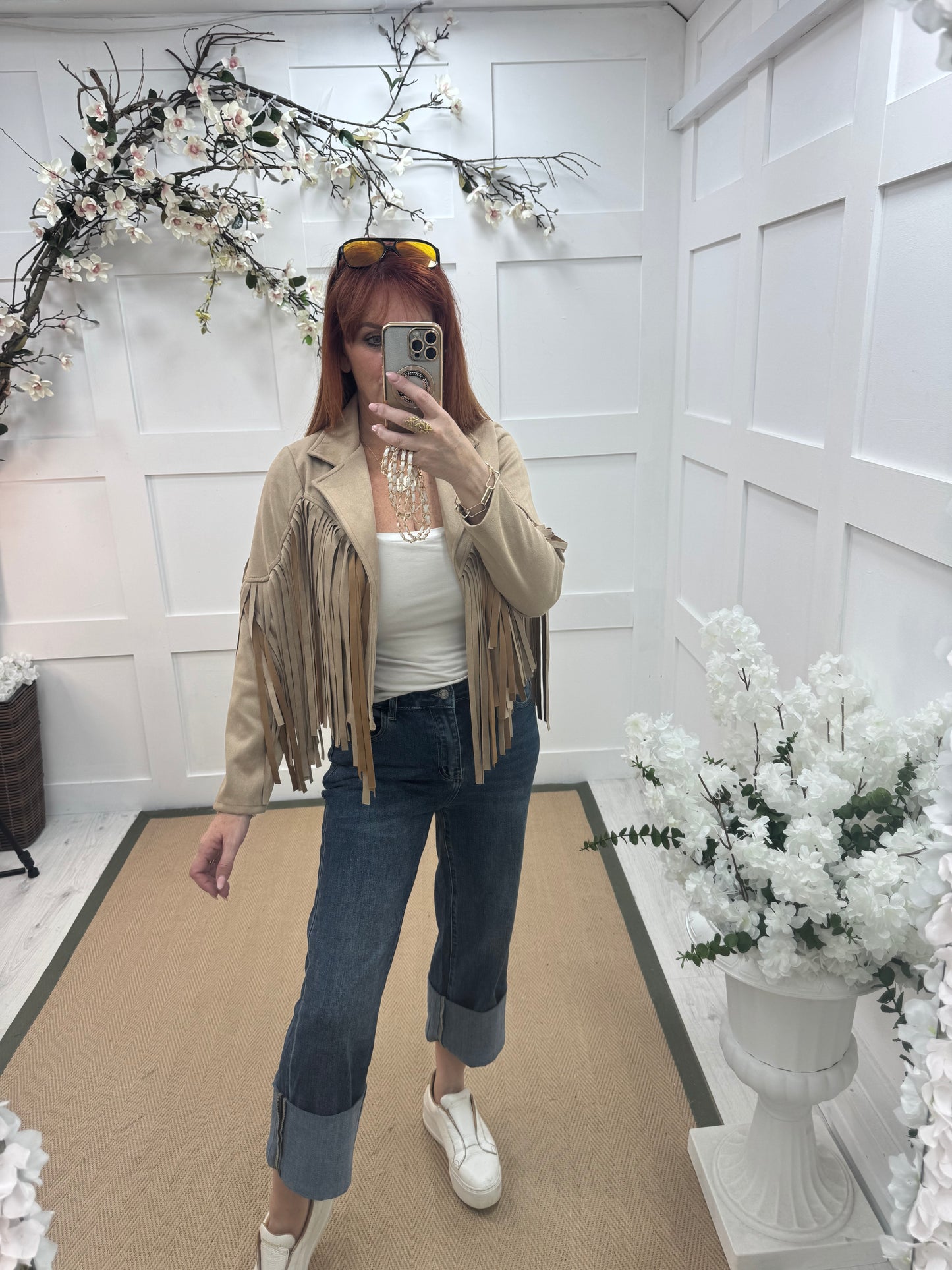 Heidi: Cream short suede fringe jacket. One size: 8-14