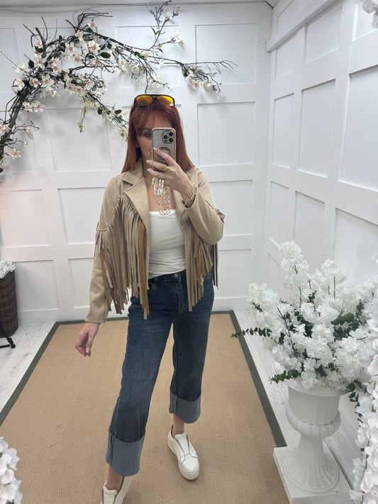 Heidi: Cream short suede fringe jacket. One size: 8-14