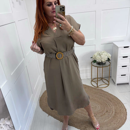 Azora: Mocha V neck belted midi dress. One size 10-18