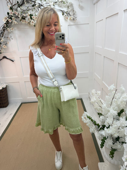 Sandie: Hopsack linen wide leg frill shorts. One size: 12-18. 2 colours
