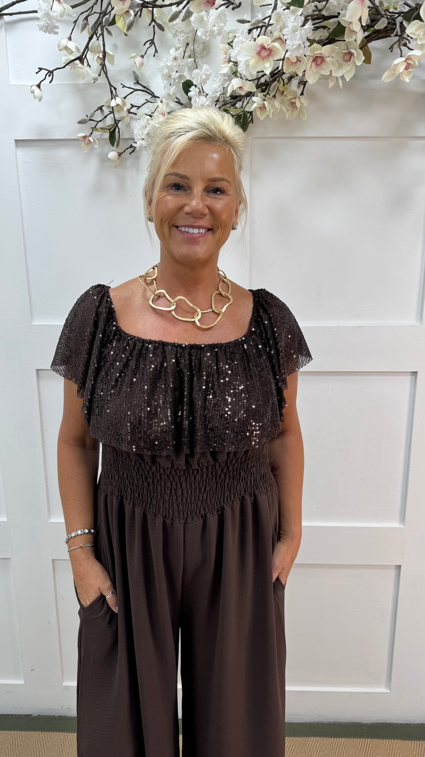 Salma: Brown sequin multiway wide leg jumpsuit. One size: 14-20