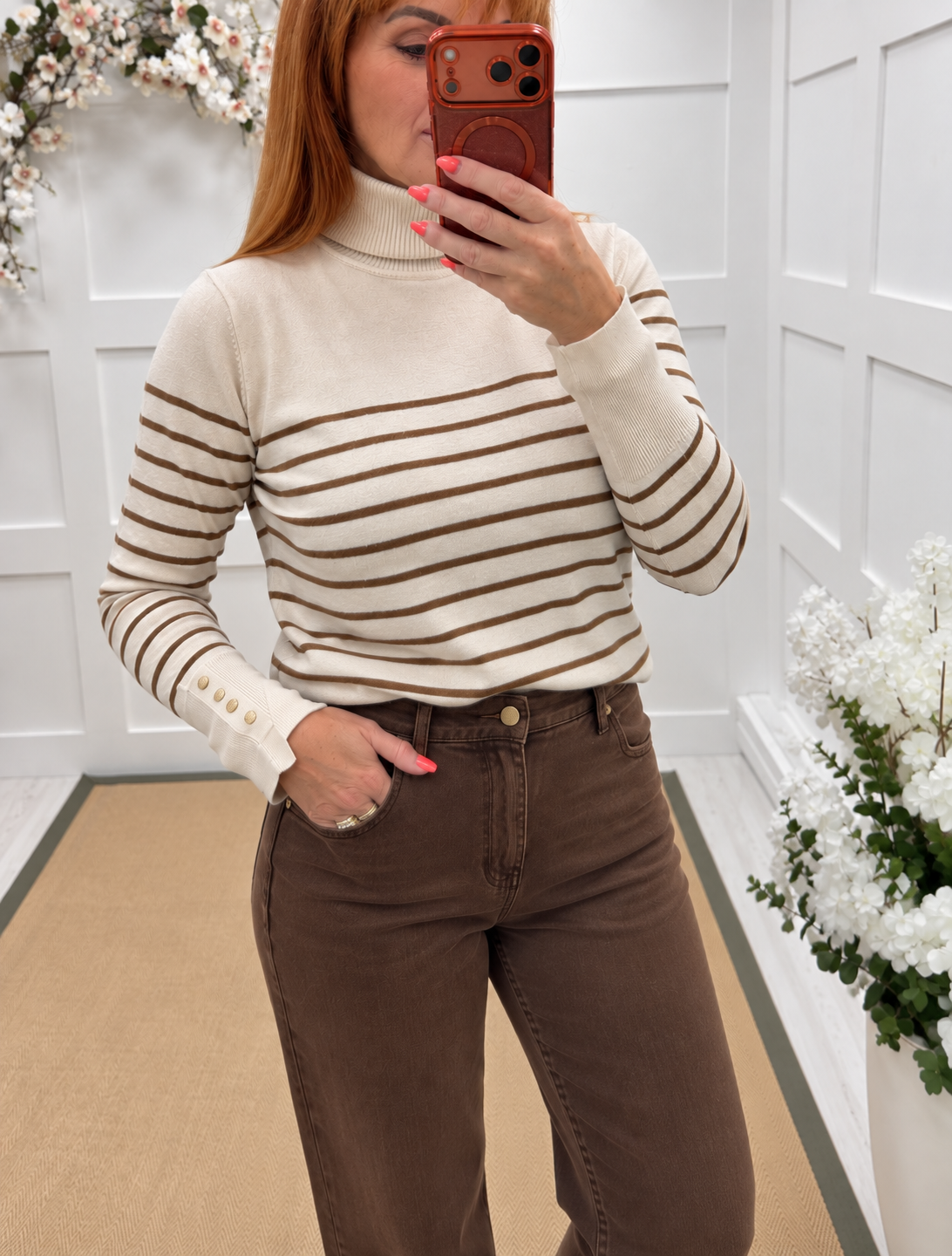 Suzie: Stripe gold button fine knit top. One size: 10-16. 2 colours