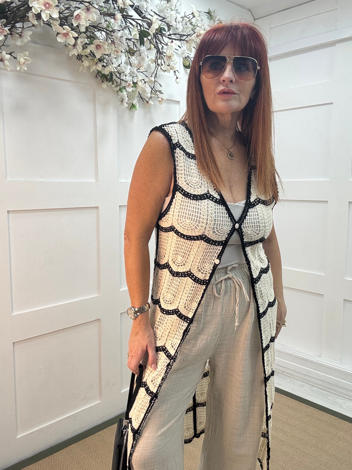 Cici: Cream longline crochet waistcoat. One size: 10-14