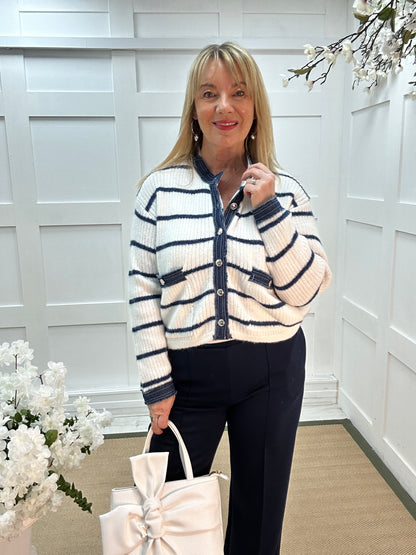 Camille: White and navy striped button cardigan. 2 sizes