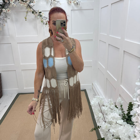Gigi: Taupe suedette & tassel waistcoat. One size: 8-14