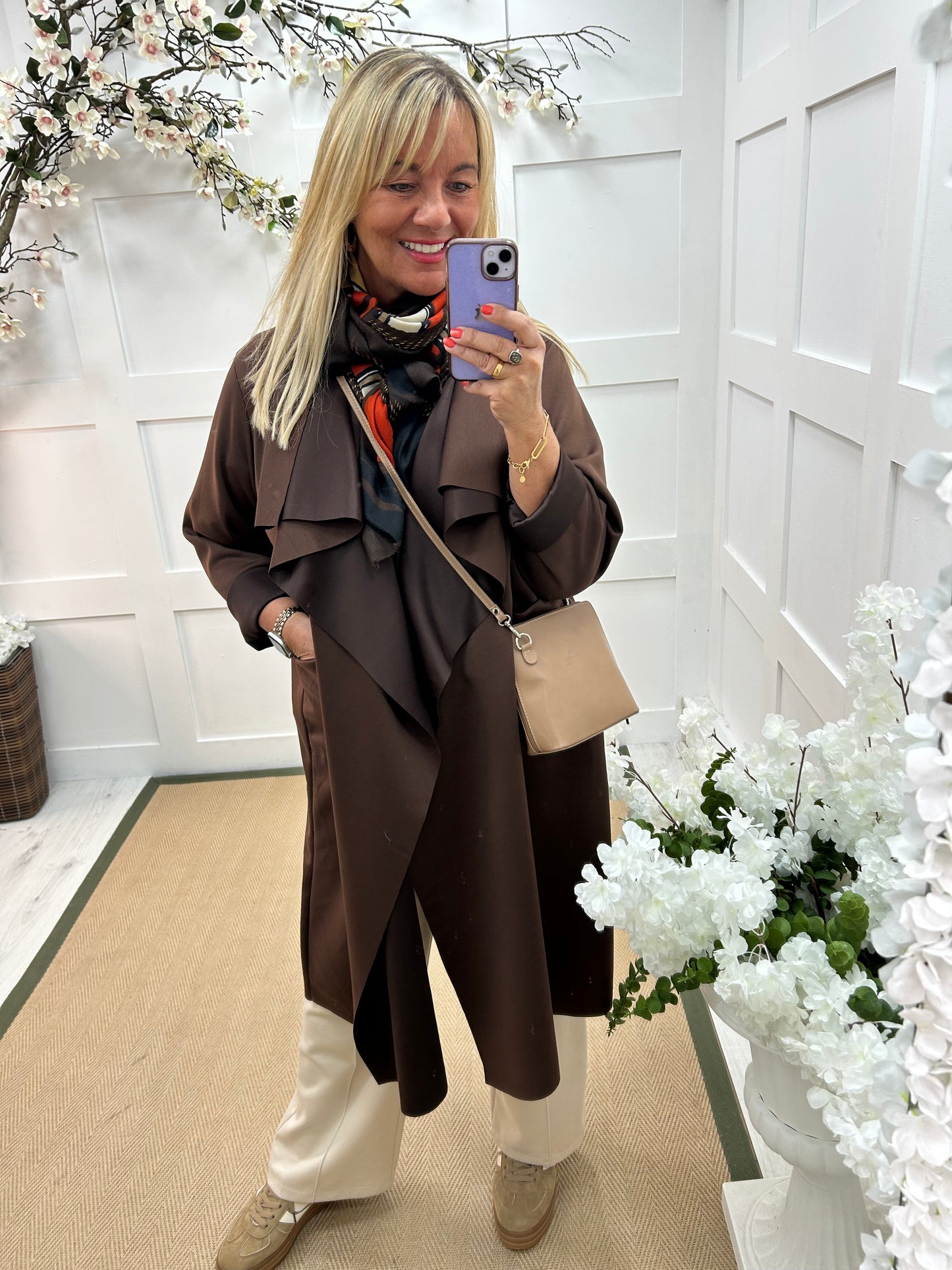Marlowe: Brown waterfall coat with pockets. One size 14-20