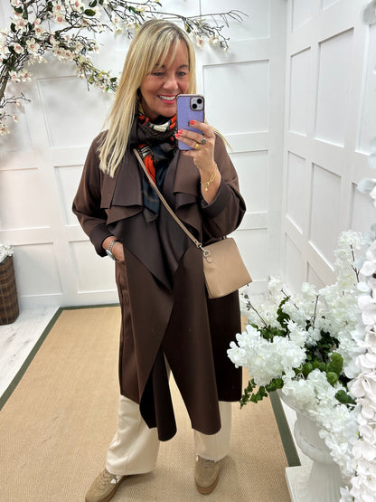 Marlowe: Brown waterfall coat with pockets. One size 14-20