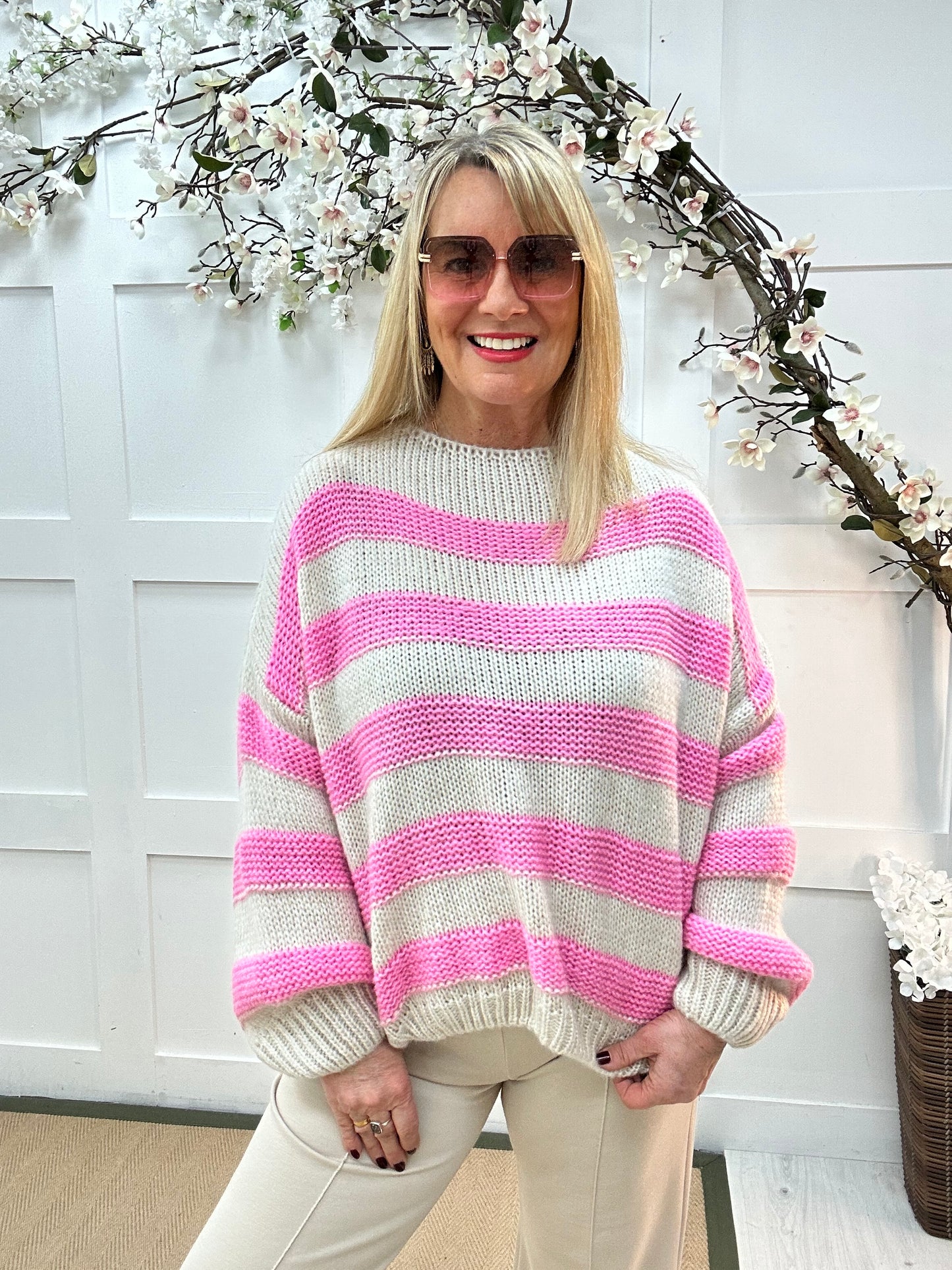 Beth: Baby pink & cream stripe knitted top. One Sz: 12-18