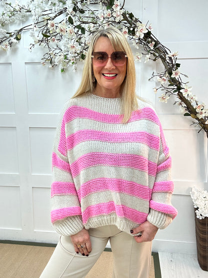 Beth: Baby pink & cream stripe knitted top. One Sz: 12-18