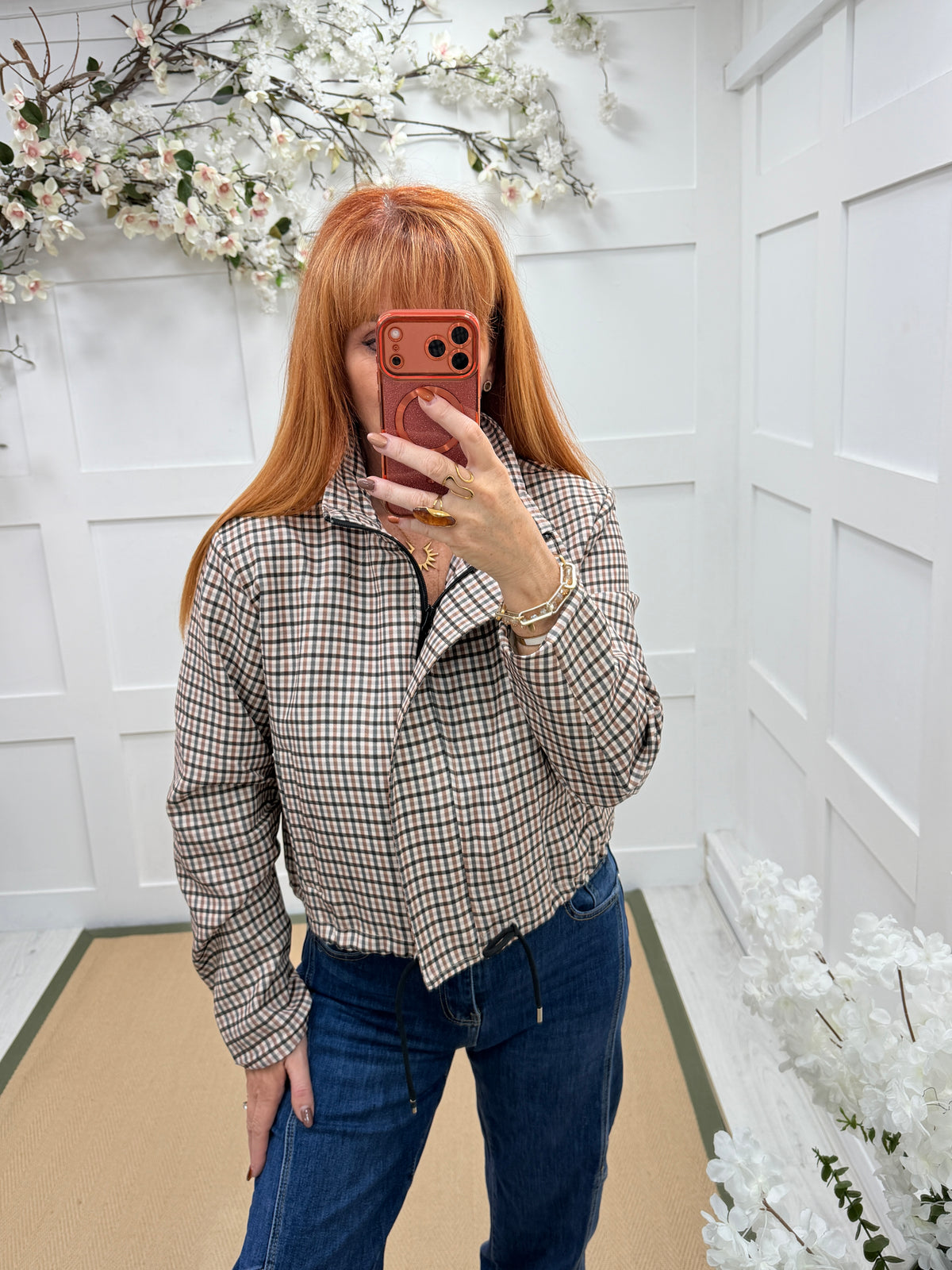 Emmie: Check funnel neck bomber jacket. One size 10-16. 2 colours