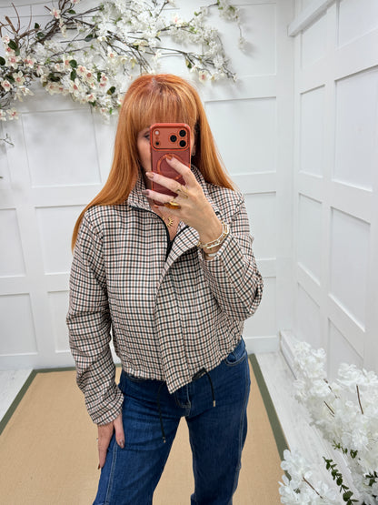 Emmie: Check funnel neck bomber jacket. One size 10-16. 2 colours