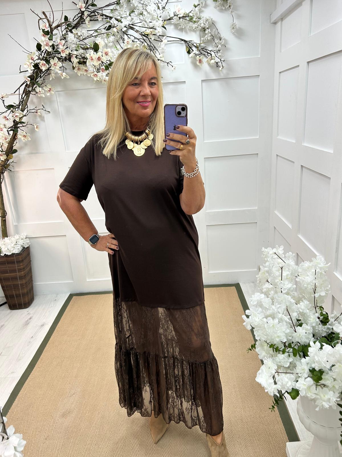 Celeste: Chocolate brown lace maxi dress. One size: 14-18