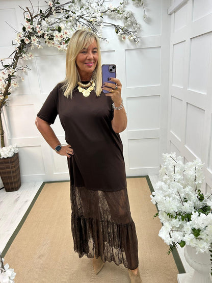 Celeste: Chocolate brown lace maxi dress. One size: 14-18