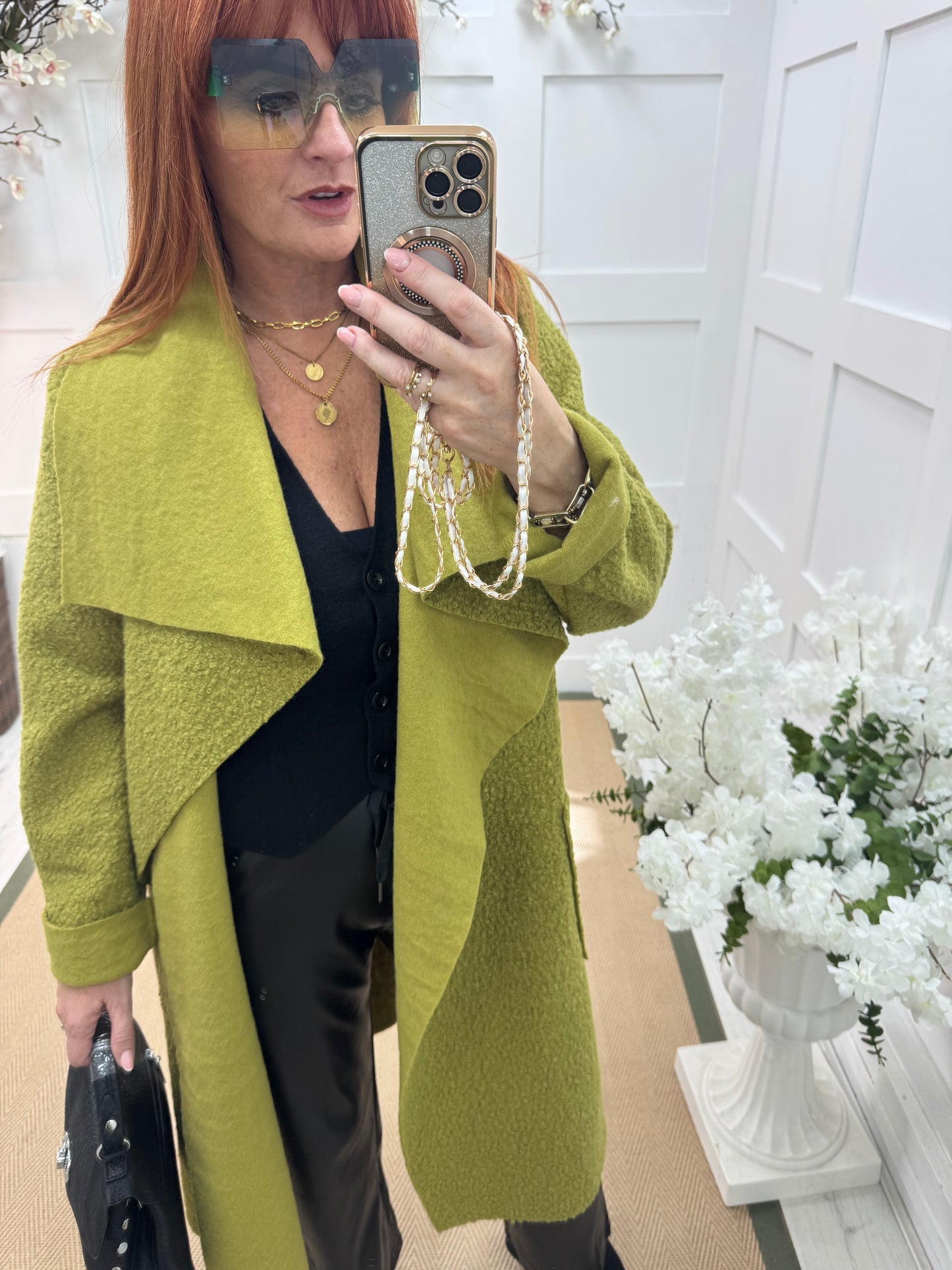 Kathie: Green boucle coat with pockets. One size 12-18