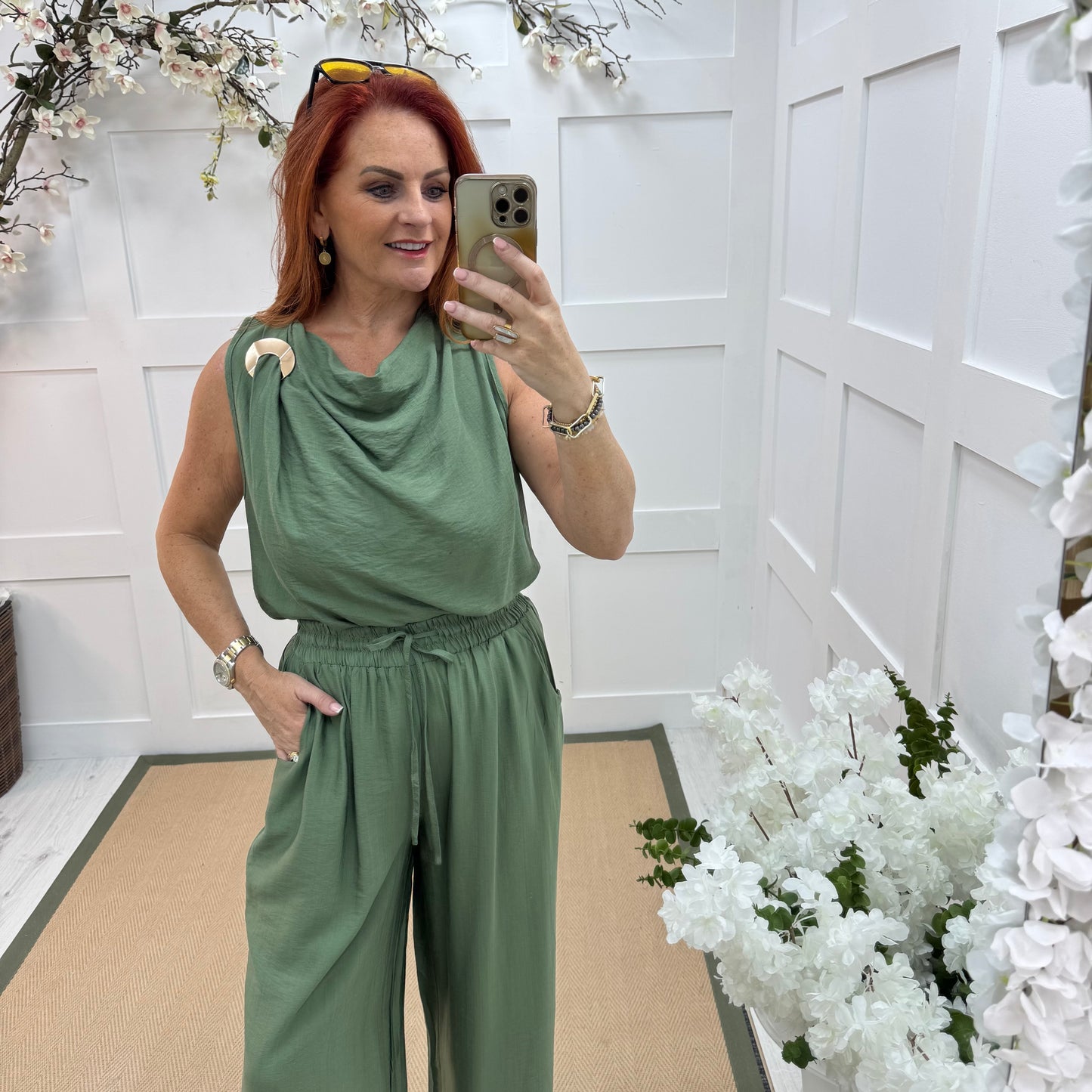 Melissa: Green cowl neck top & trouser co-ord set. One size: 12-18