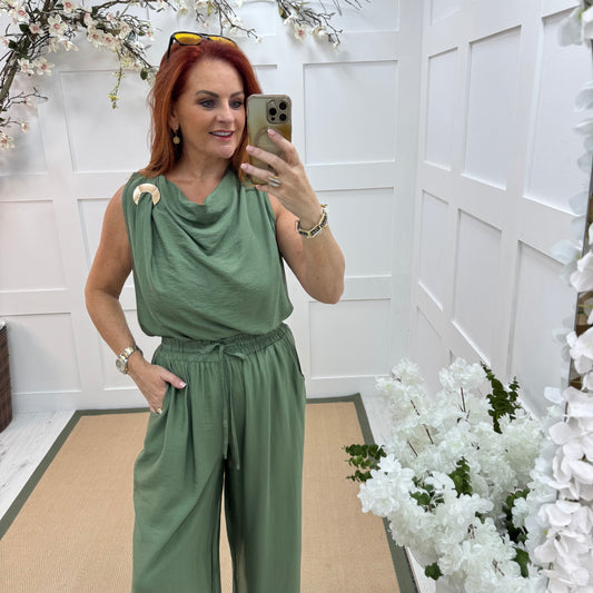 Melissa: Green cowl neck top & trouser co-ord set. One size: 12-18