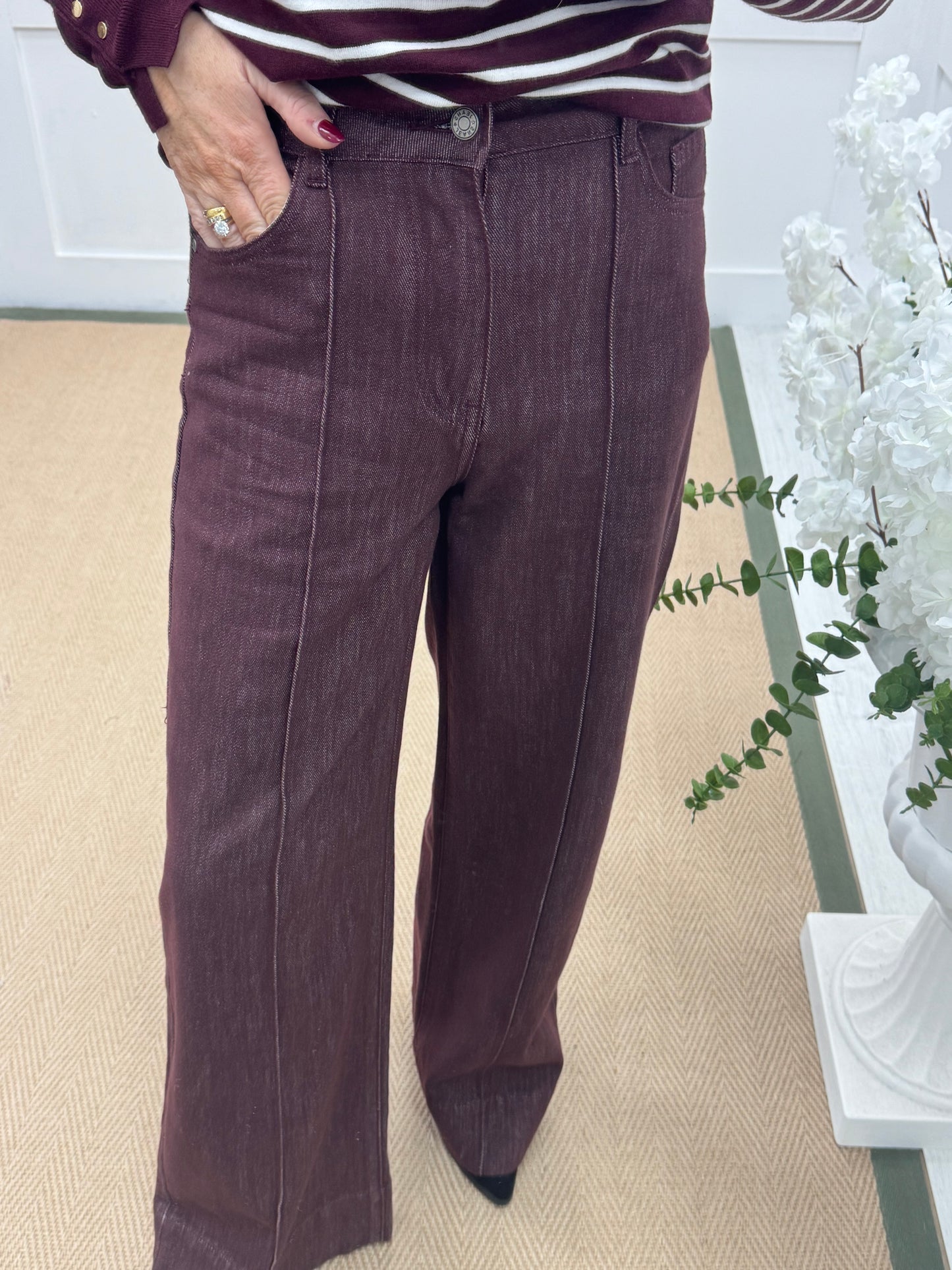 Benita: Burgundy high waist wide leg jeans. Sizes: 6-14