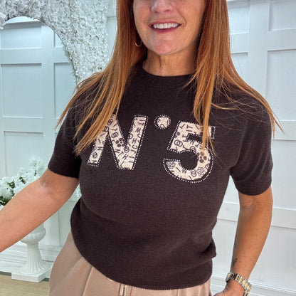 Chantelle: Brown No 5 logo knit top. One size: 10-16